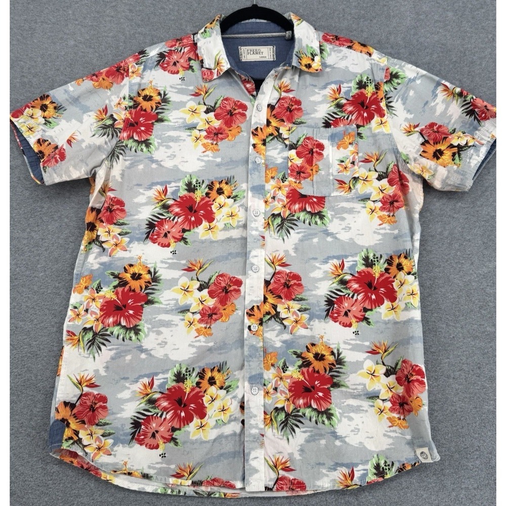 Free Planet Hawaiian Shirt Men's Large Tropical Floral Short Sleeve Island Aloha